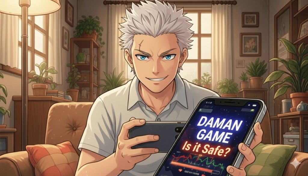 Daman Game Review – Is the App Safe to Use? user holding a phone showing the Daman Game screen with the text “Is it Safe?” while sitting at home, representing a safety review of the Daman Game app.